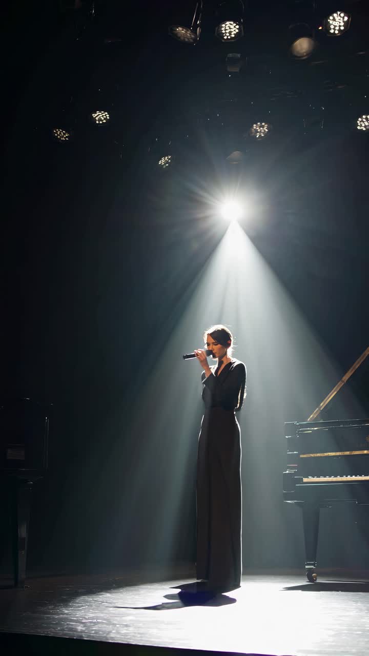 Dramatic stage video scene with a singer in spotlight, captured from a low angle