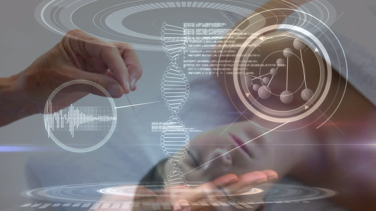 animación del procesamiento de datos científicos sobre una mujer caucásica hipnotizada