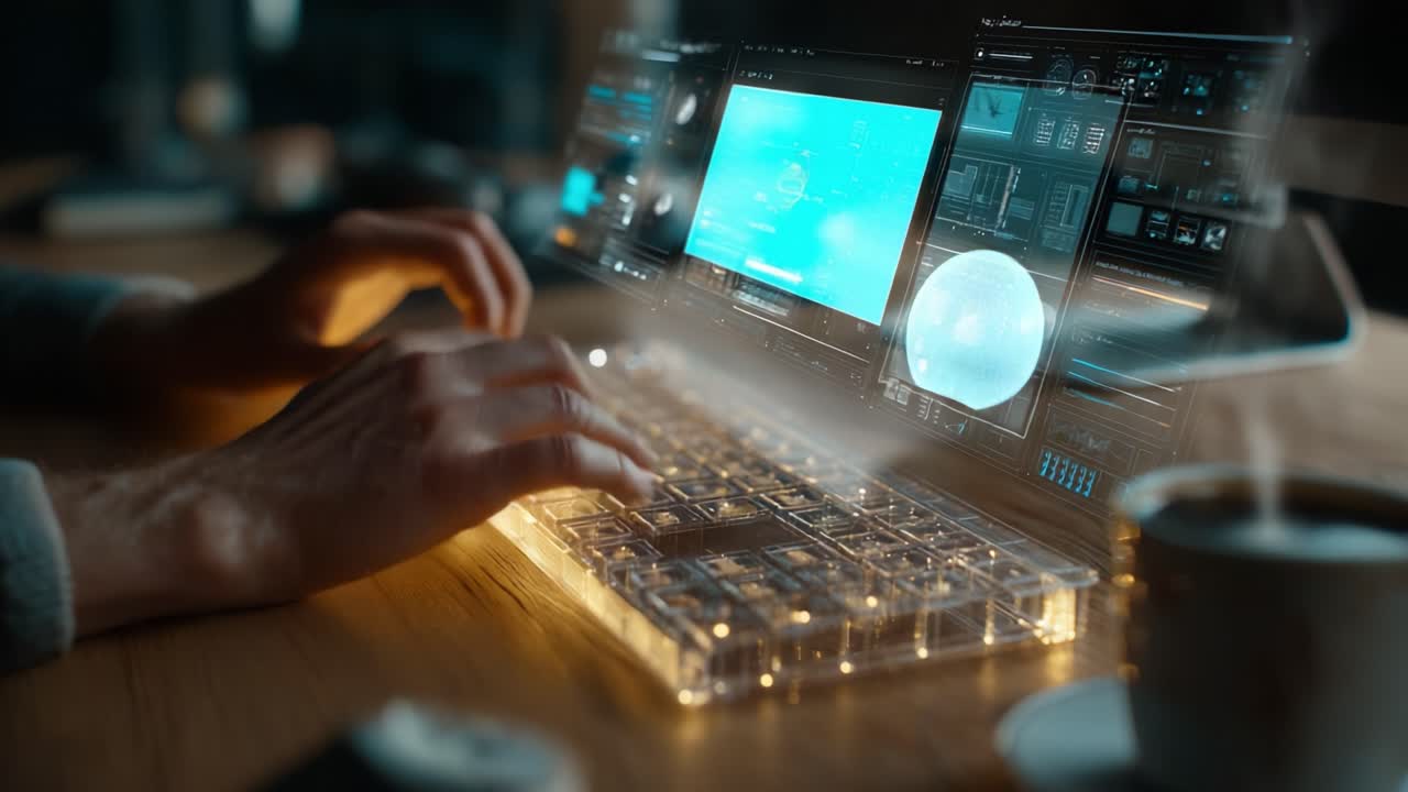 A Close-Up of a Hand Interacting with a High-Tech Transparent Keyboard, Featuring a Futuristic Interface Display on a Computer Screen Alongside a Steaming Cup of Coffee