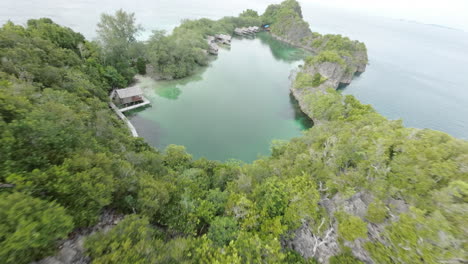 fpv drone dives over dream destination lagoon in raja ampat, indonesia