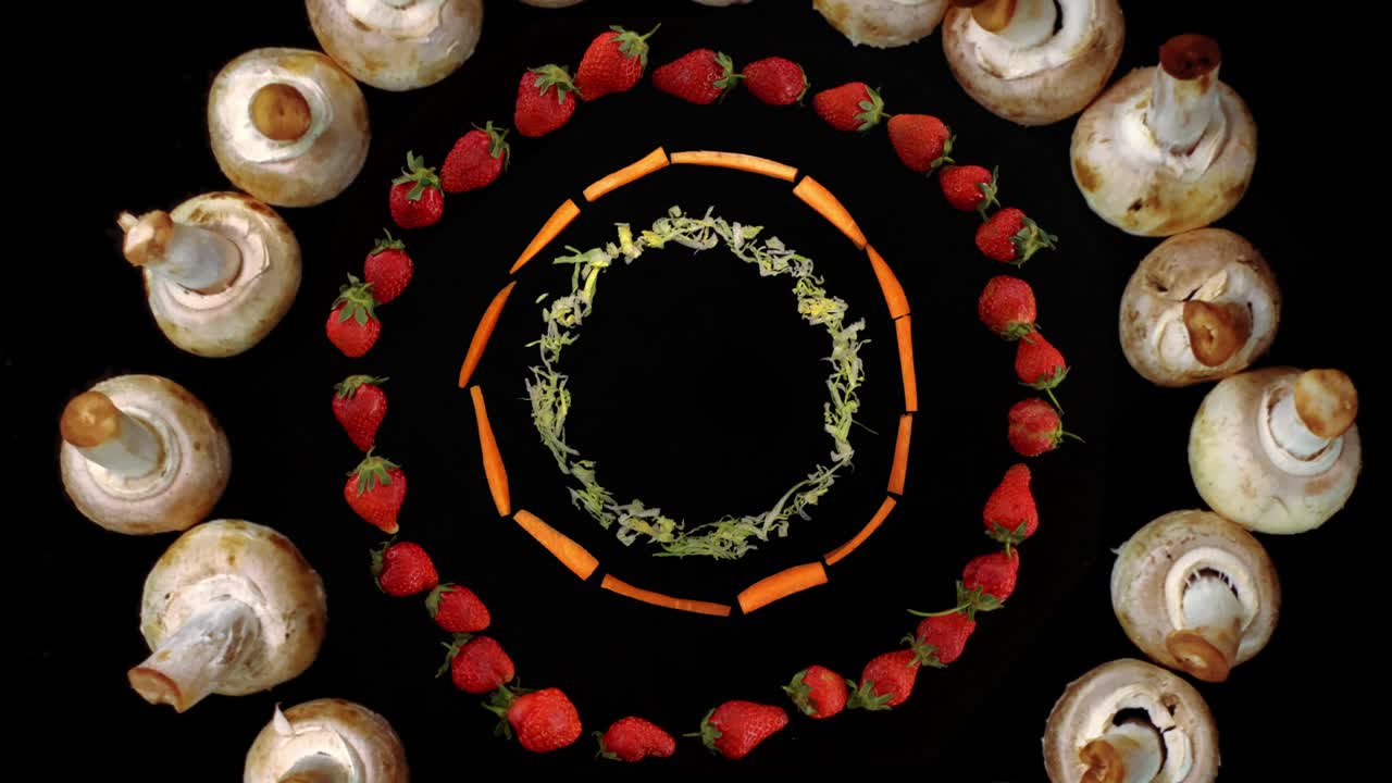 버섯, 딸기, 당근 및 러드와 함께 건강한 음식 애니메이션 배경, 눈에 띄고 재미있는 레트로 독특한 스타일로 애니메이션