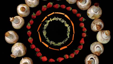 fondo de animación de comida saludable con setas, fresas, zanahorias y lechuga. animado en un estilo único retro que se ve llamativo y divertido