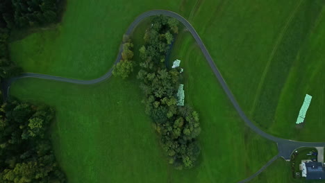 Aerial-drone-top-down-shot-over-houses-surrounded-by-residential-houses-along-a-winding-road-at-daytime