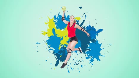 Animation-of-caucasian-female-handball-player-throwing-ball-over-colourful-stains