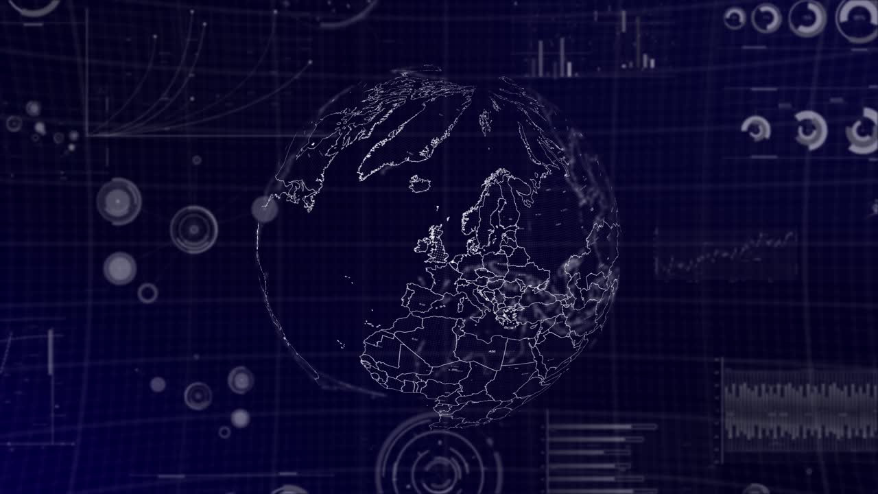 Data analysis Technology Globe rotating on United Kingdom Country with graphs, charts, analytics in background | United Kingdom country Globe rotating 4K|60 FPS, data analysis technological background