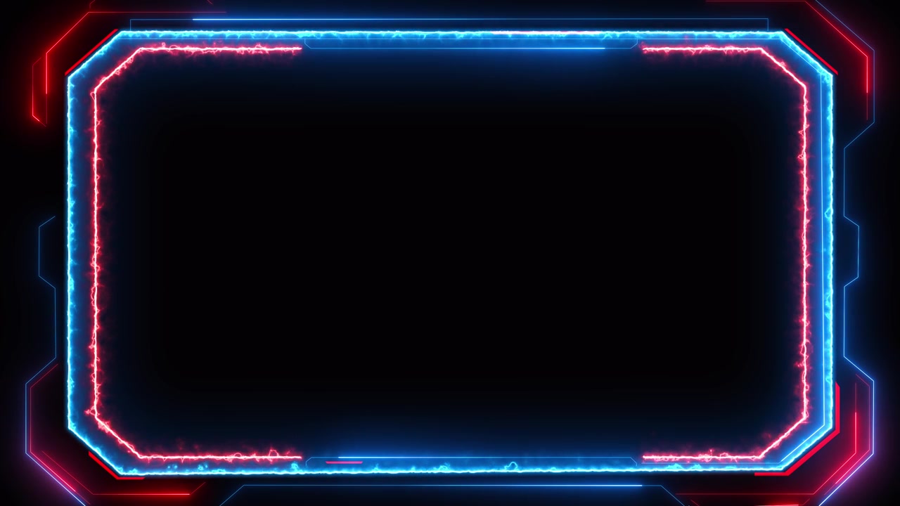 Cyber neon electric border with red and blue glowing frame dark center space and futuristic hud