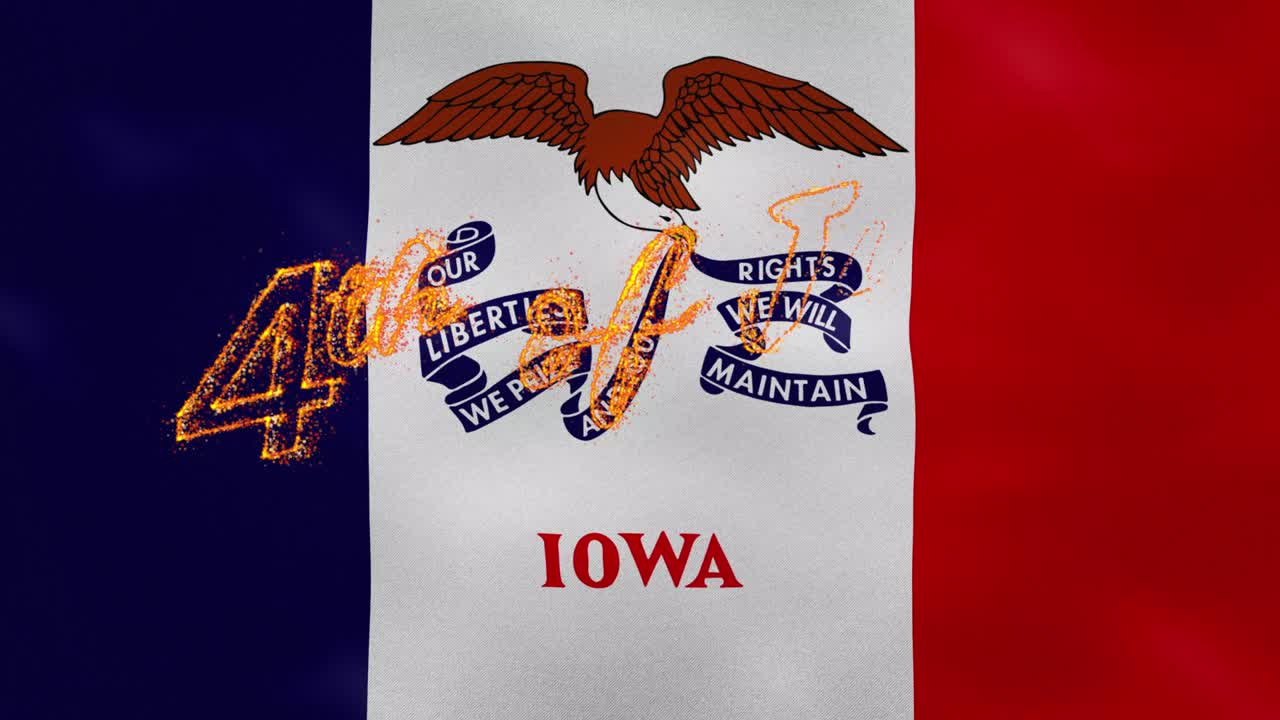 fondo de la bandera de iowa para el 4 de julio letras de fuego, bucle