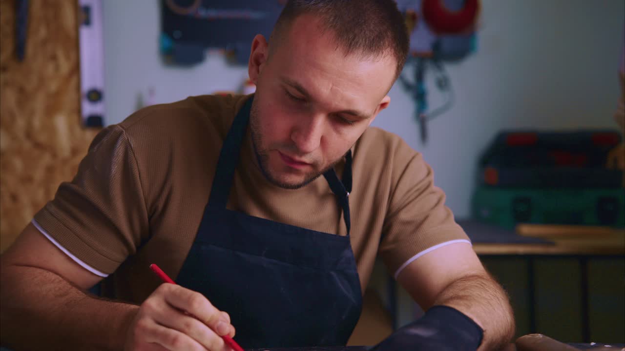 Uomo che disegna un progetto con matita in officina