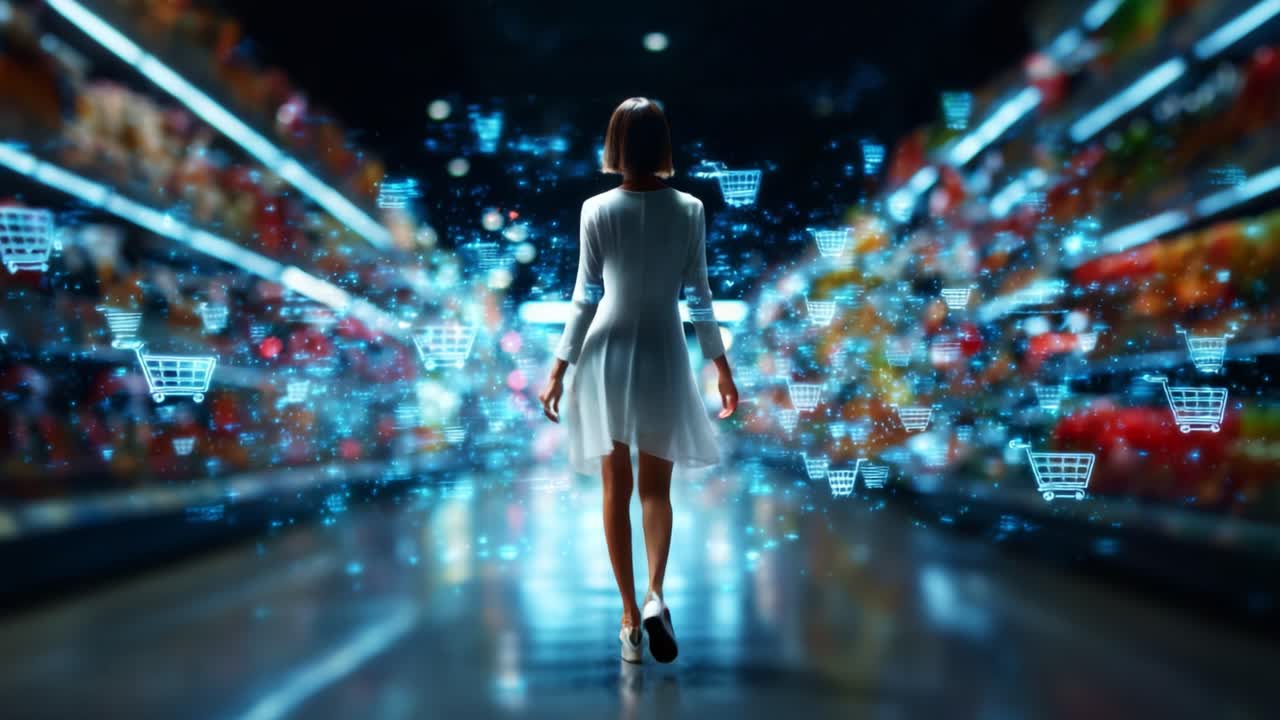 A Futuristic Shopping Experience: A woman in a white dress walks through a vibrant grocery aisle filled with digital elements and virtual cart icons, exploring a modern retail environment