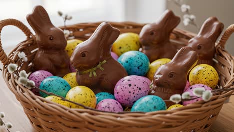 Delightful Easter Basket Filled with Colorful Chocolate Bunnies and Vibrant Speckled Eggs, Creating a Festive and Joyful Atmosphere for Spring Celebrations