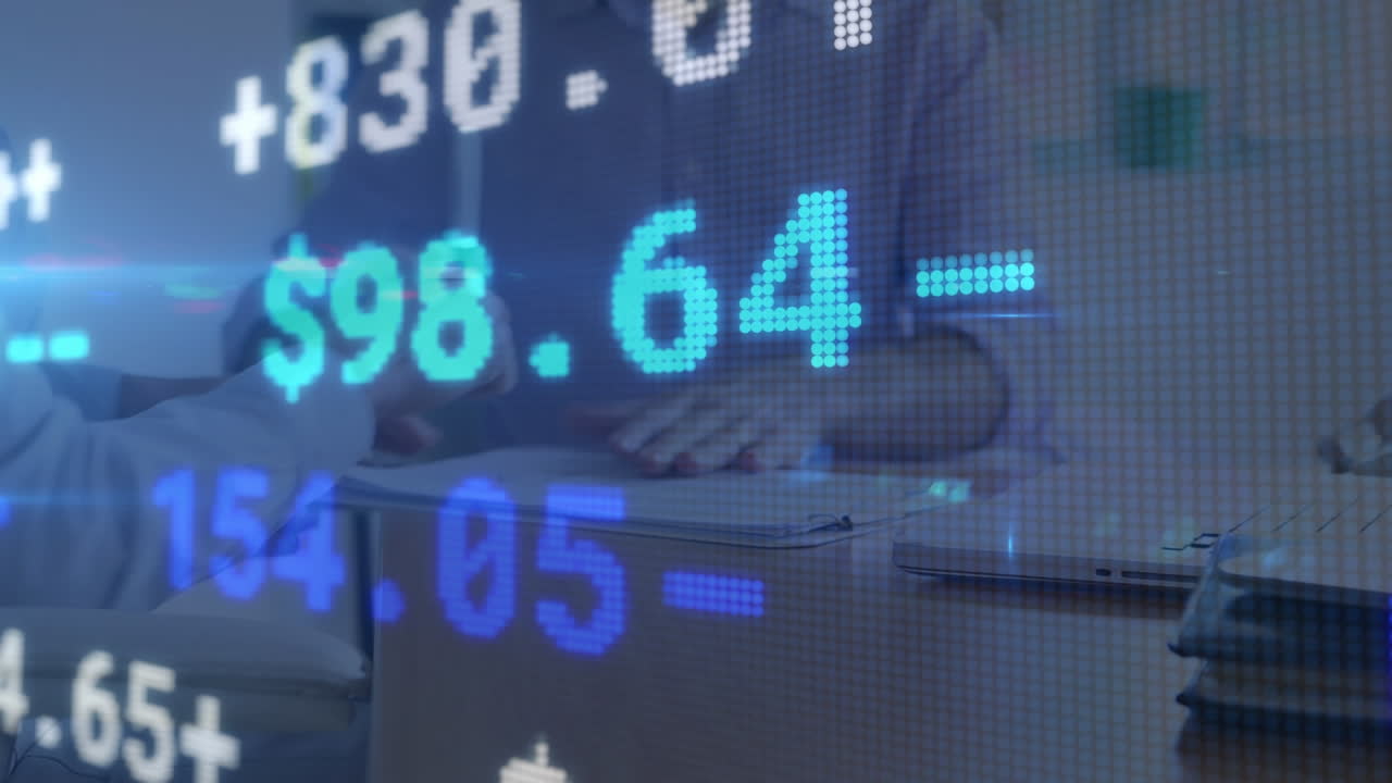 Animation of financial data processing over people working in office, shaking hands