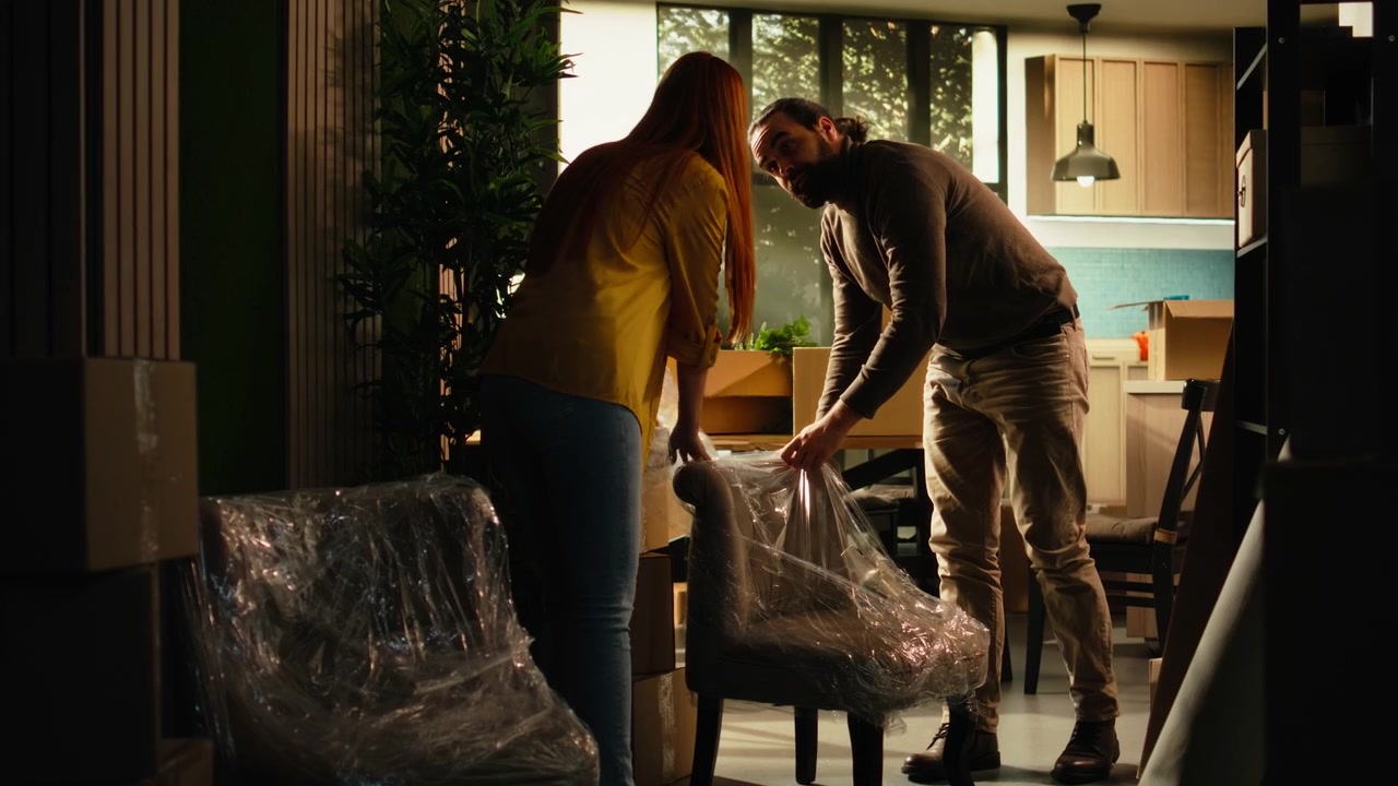 Couple Wrapping Furniture in Plastic Film for Moving House