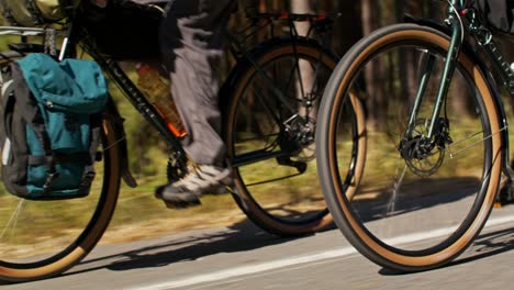 couple cycling through the forest