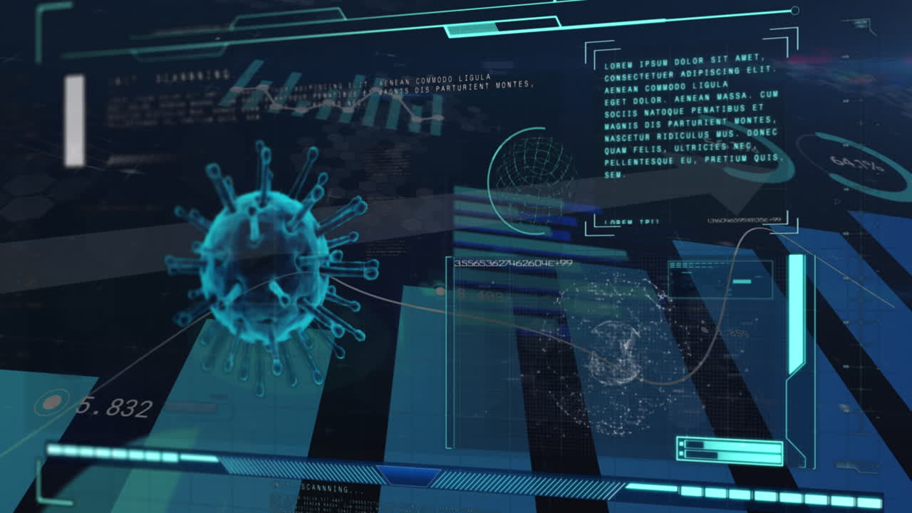 파란색 배경에 대한 코로나19 세포 및 통계 데이터 처리에 대한 디지털 인터페이스