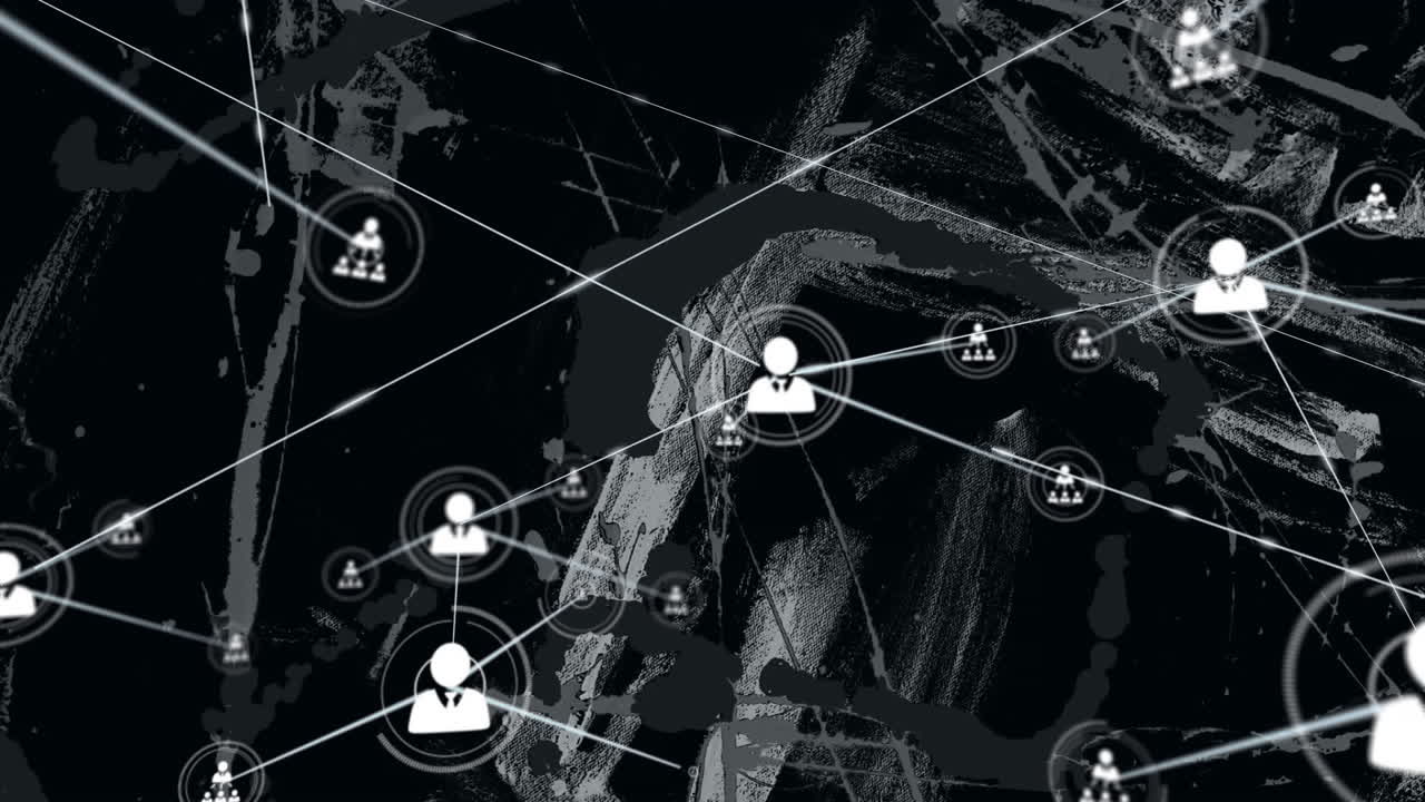Animation of connected user icons on abstract black and white background