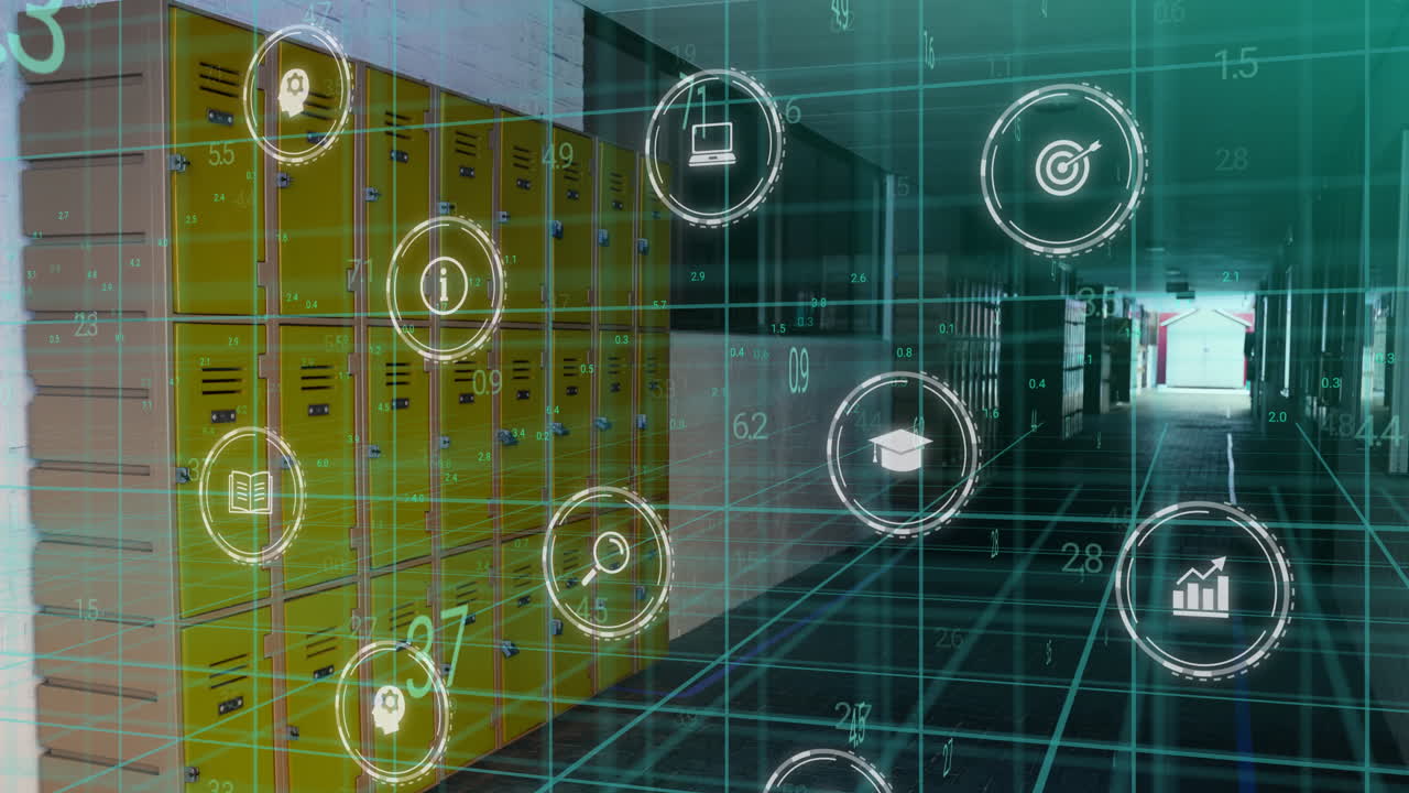 animación del procesamiento de datos con iconos sobre el pasillo de la escuela.