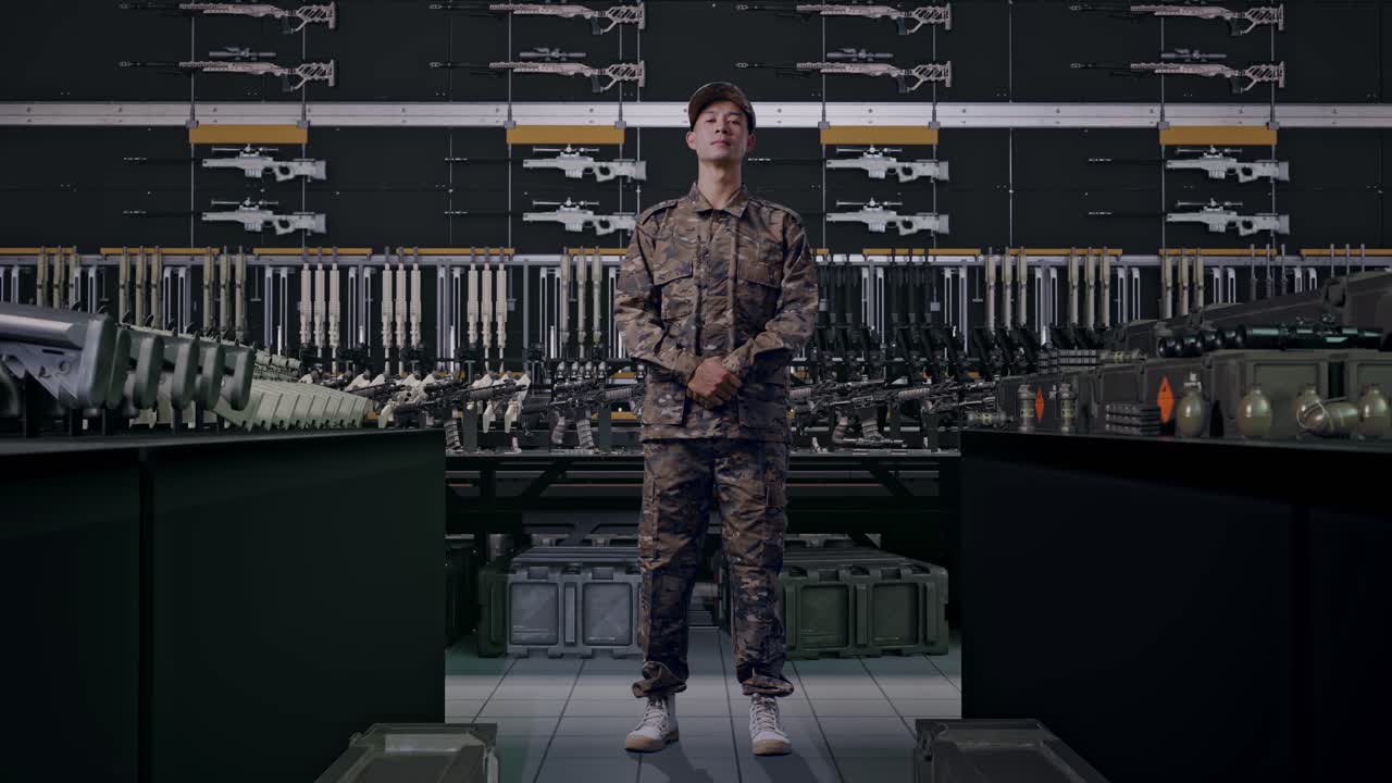 Celá postava asijského vojáka, který stojí a dívá se do kamery ve vojenské zbrojnici