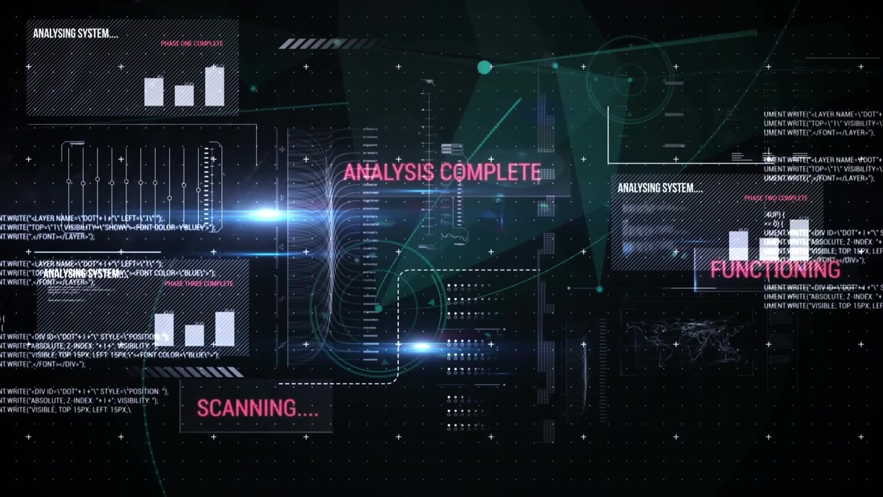 Animation of text and data processing over blue background