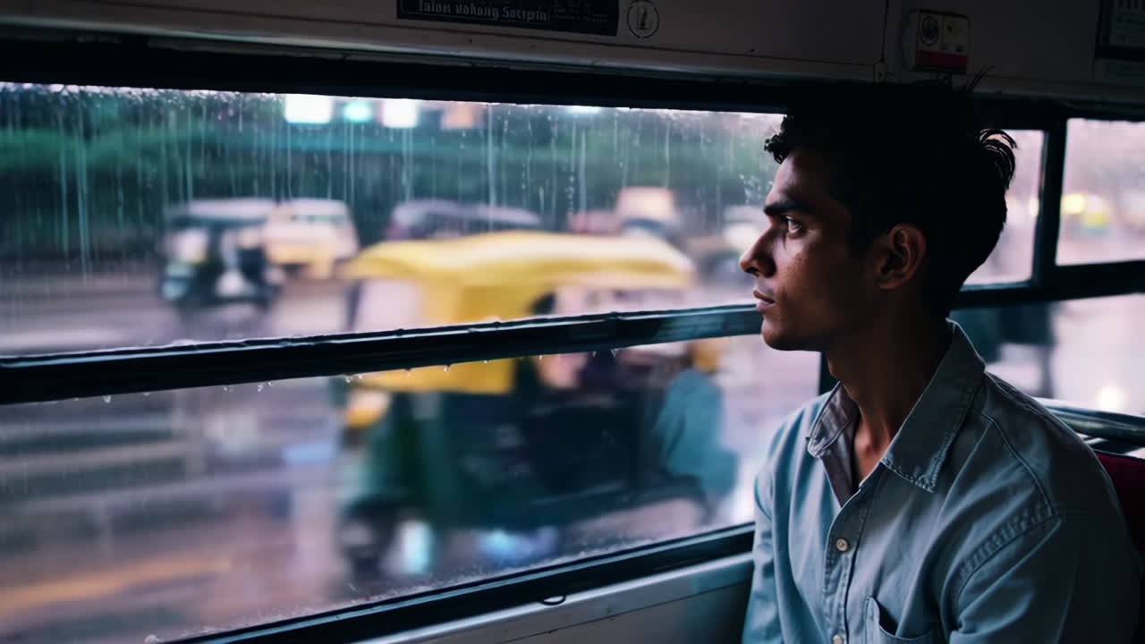 Man Looking Out Window of a Bus in City