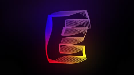 3d letra e líneas giratorias animación en fondo de gradiente oscuro abstracto gráficos de movimiento dinámico brillo de partículas tipografía efecto visual arco iris alfabeto digital