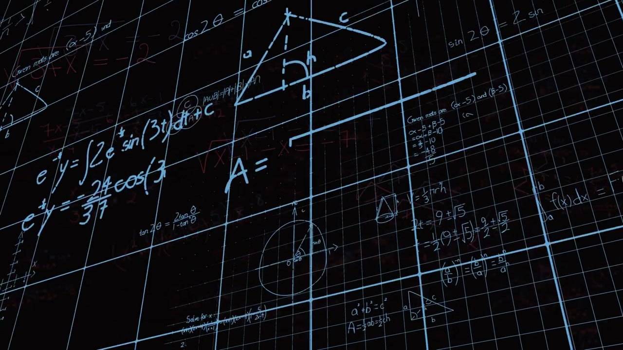 Glowing grid being visualized on digital surface with blue white equations and triangle sketches