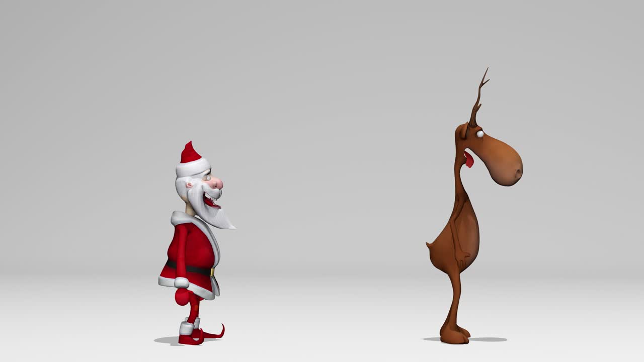 Funny cheerful crazy Santa Claus and deer animation. The concept of Christmas and New Year. Seamless Loop. With alpha channel. It's better than green screen.