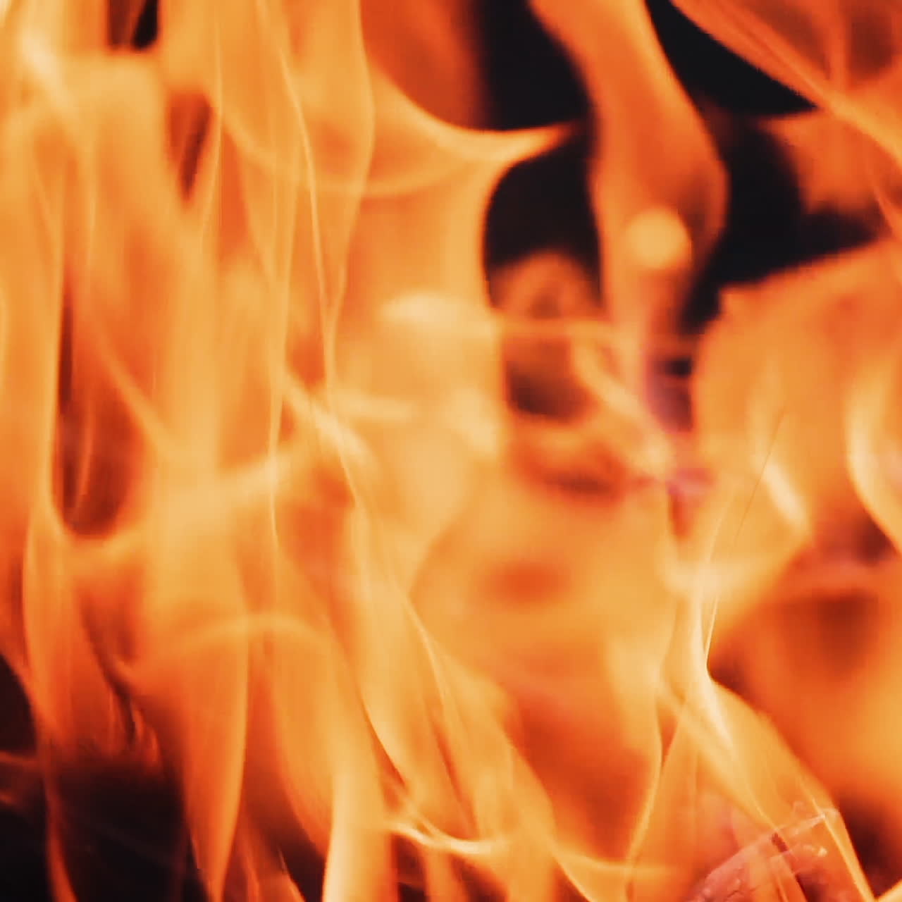 Bonfire. Burning logs in orange flames. Beautiful fire burns brightly. Embers of the fire climb up. Slow motion