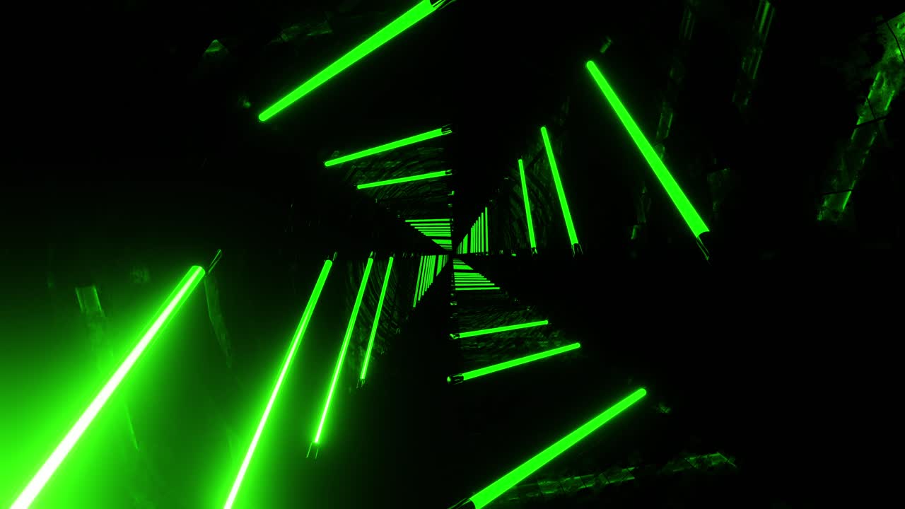 volare in un tunnel con luci fluorescenti verdi lampeggianti. animazione a loop infinito.