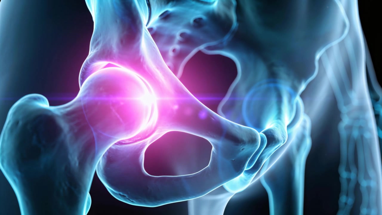 Magenta glow intensifying, translucent hip joint pulsing in studio, camera zooming to reveal rim