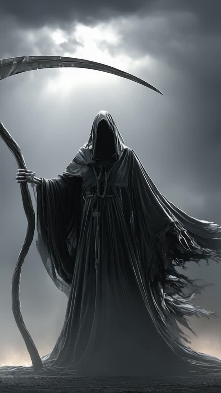 A Mysterious Figure Cloaked in Shadows, Wielding a Scythe: The Eerie Presence of Death Under Ominous Skies Evokes Fear and Intrigue in a Dark Fantasy Setting