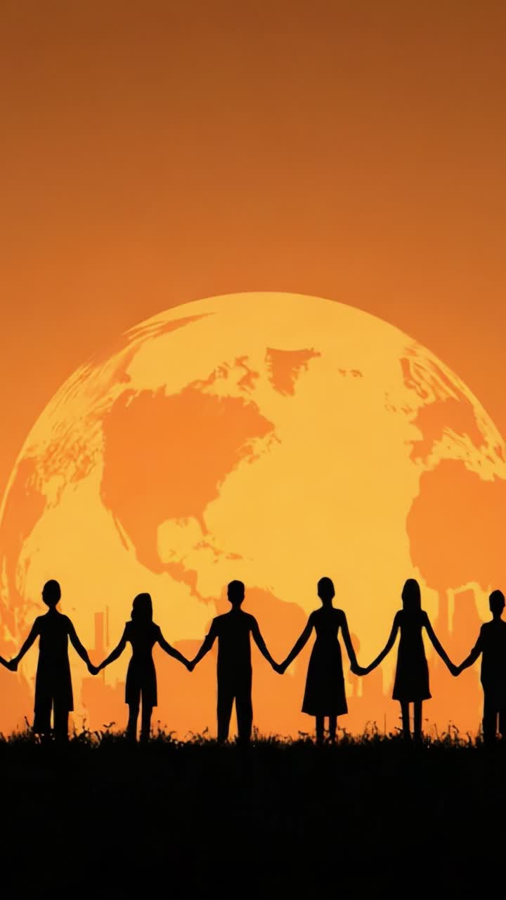 A group of diverse individuals stands together, holding hands against a breathtaking sunset backdrop, symbolizing unity, hope, and collective strength in their shared journey