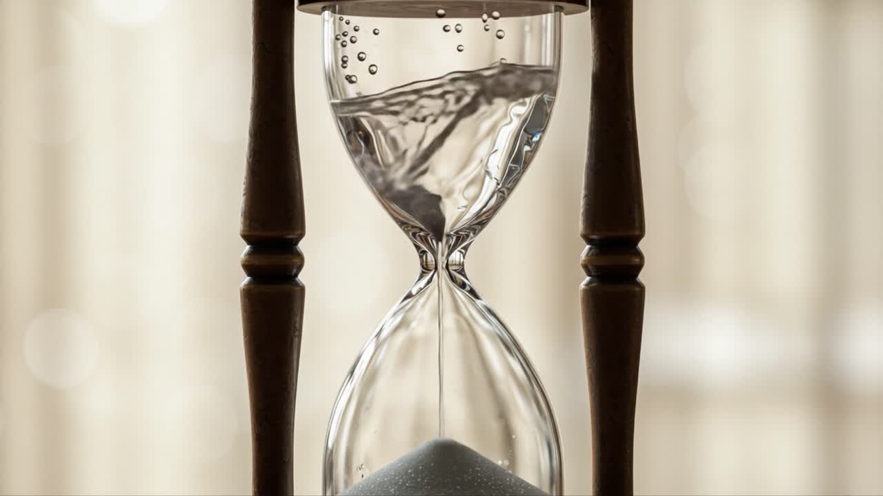 An hourglass captured in two moments: the mesmerizing flow of water and the steady descent of sand, illustrating the passage of time in a unique and captivating way