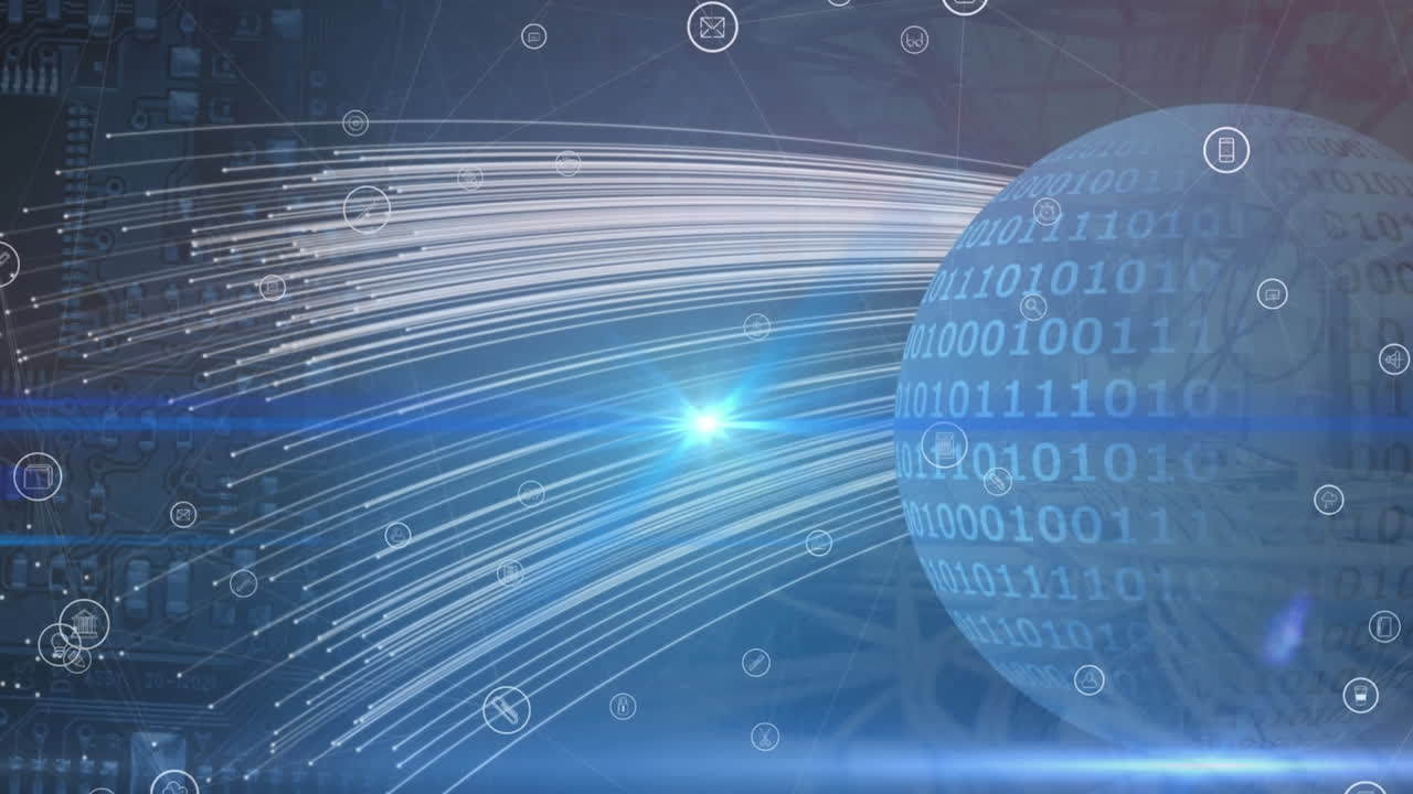 Animation of network of digital icons, light spot, light trails against binary coding over a globe