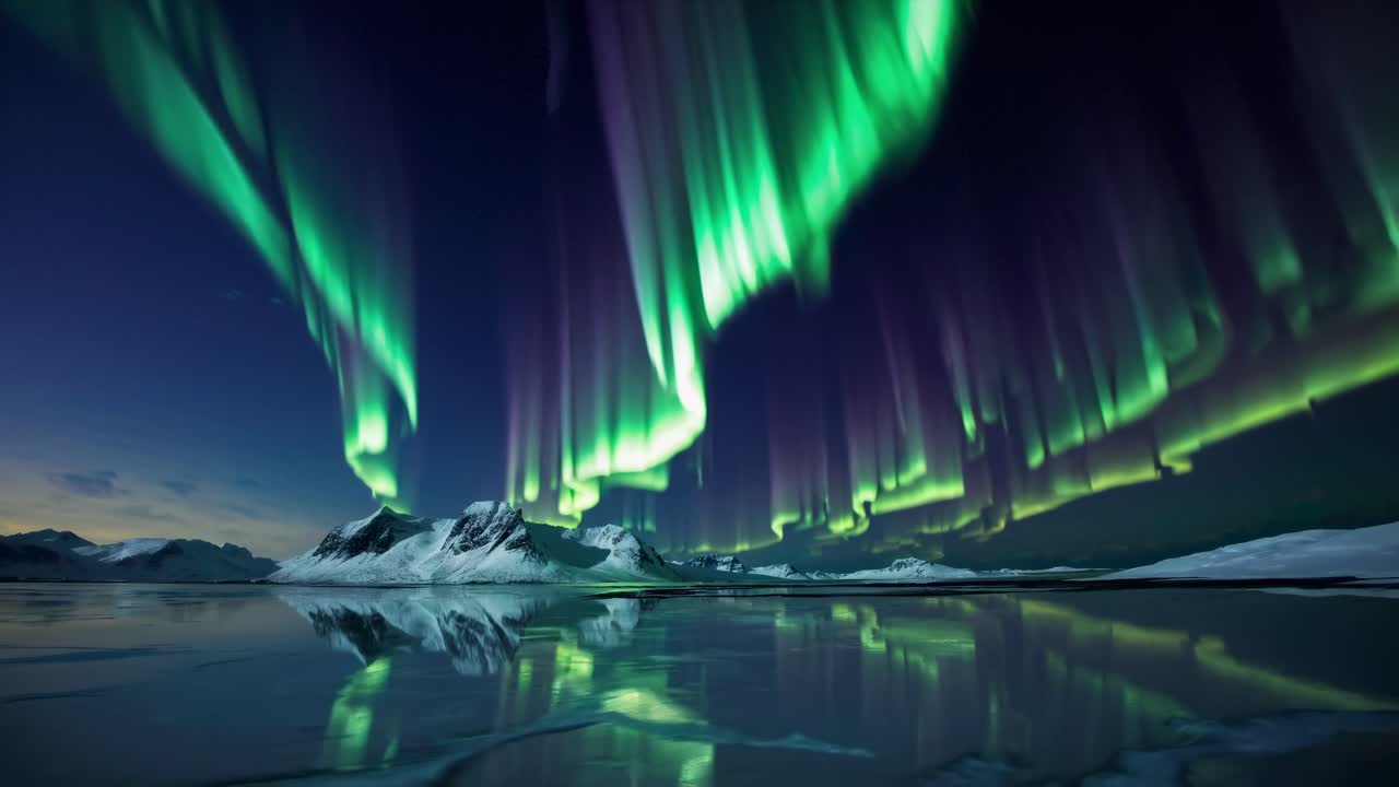 A mesmerizing video capturing the ethereal beauty of the Northern Lights over snowy mountains