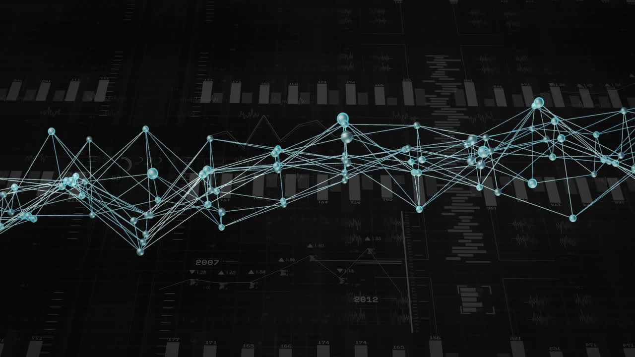 Network of connections and data processing animation over financial charts