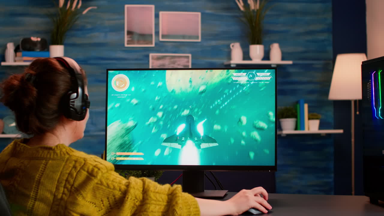 Over the shoulder woman gamer playing online shooter game