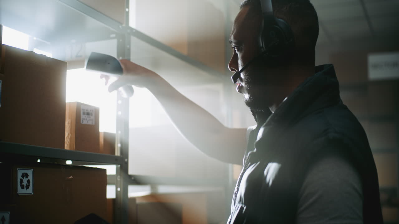 Warehouse worker scanning boxes