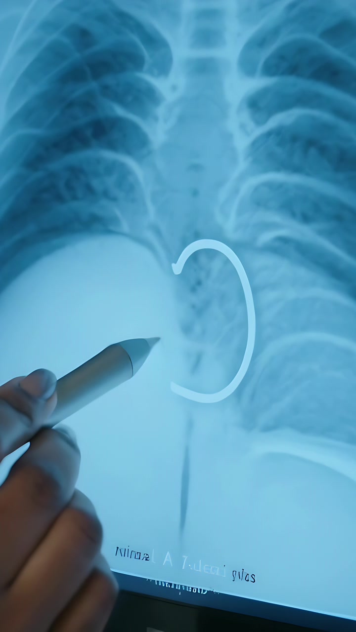 Vertical video: Pointing pen entering left, tracing curve on monitor xray marking lung border