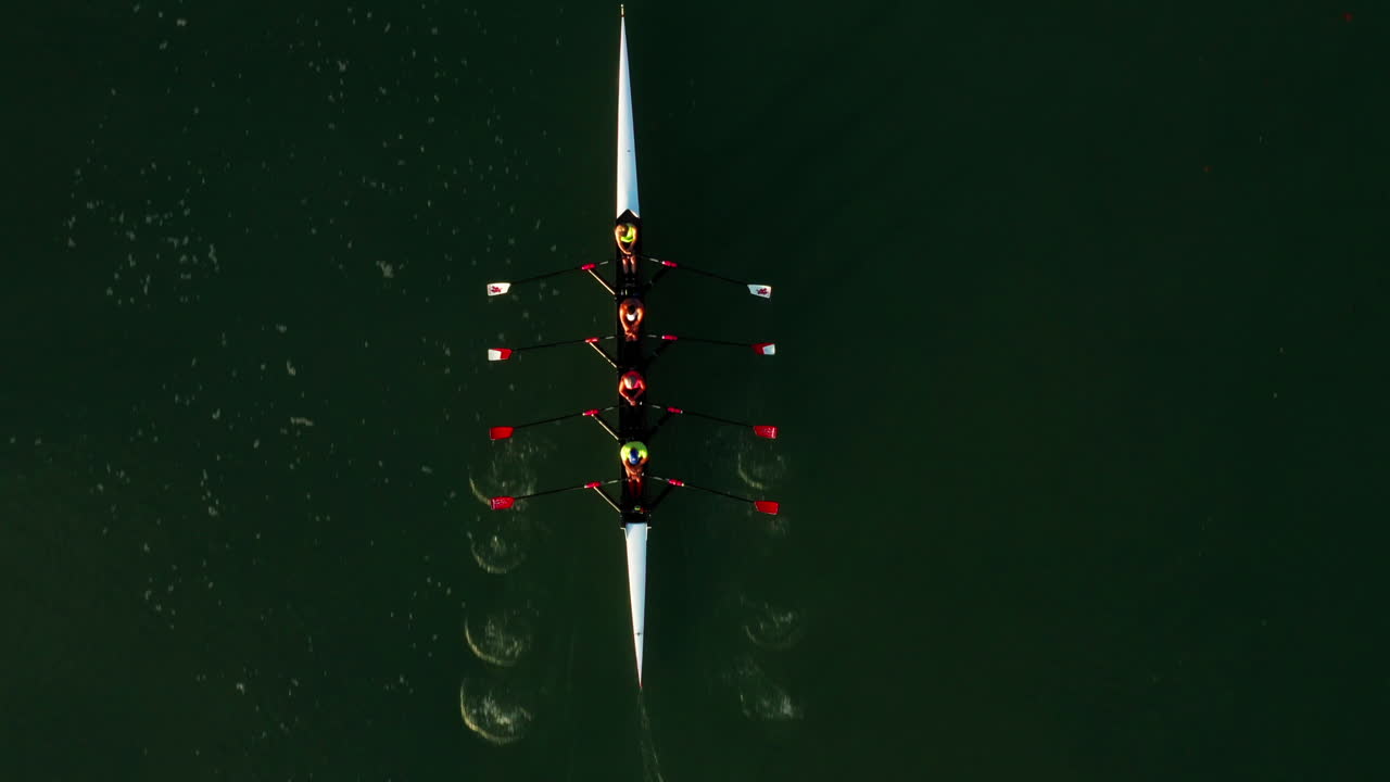 Directly above aerial shot of simultaneous rowing coxless quadruple scull