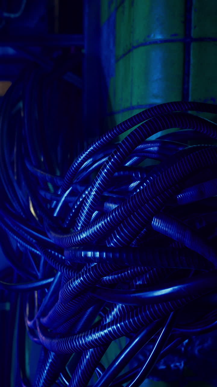 Wires and cables intertwined in blue light in a dark setting at night