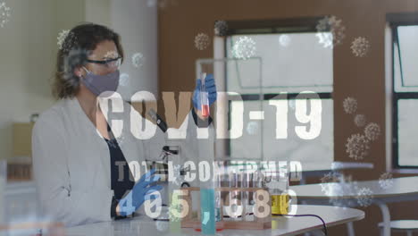 animation of word covid 19 total confirmed rising and cells with masked woman in lab