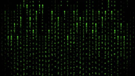 Animation of green binary coding data processing over black background