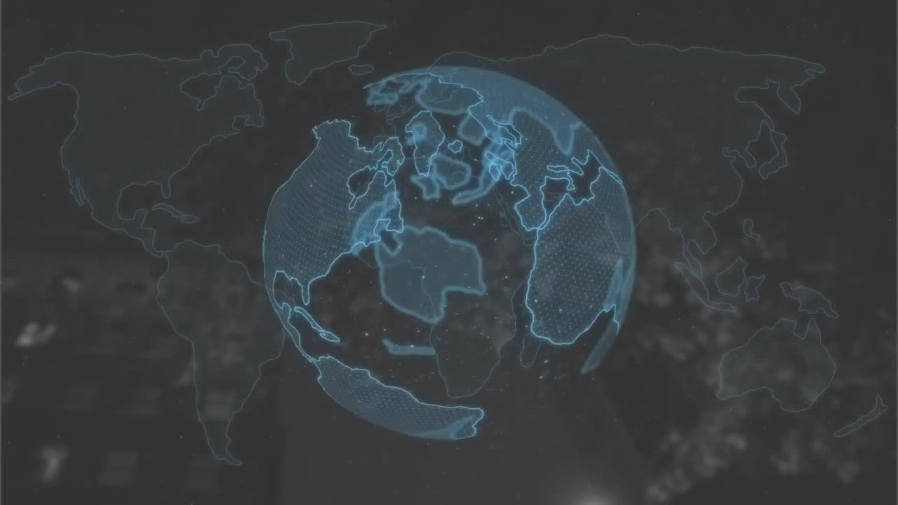 세계 지도와 도시 풍경 위에서 회전하는 지구의 애니메이션