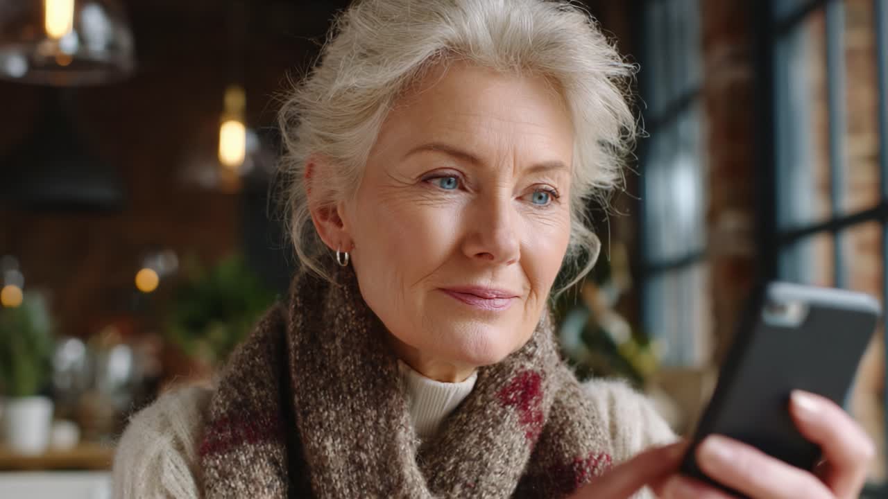 A Thoughtful Moment: Elderly Woman Engaged with Her Smartphone in a Cozy Indoor Setting, Reflecting the Emotions of Connection and Curiosity