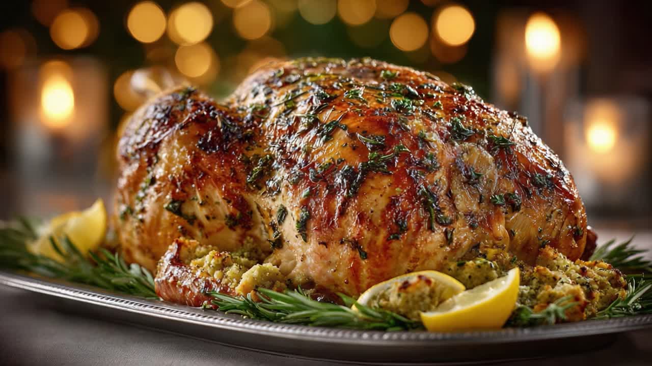 A Beautifully Roasted Turkey Garnished with Fresh Herbs and Lemon, Perfectly Cooked for a Festive Celebration with Soft Candlelight in the Background
