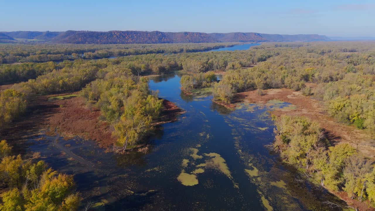 A folhagem de outono brilha sobre as planícies alagadas e ilhas arborizadas sob céus claros. Wisconsin
