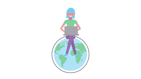 young woman using laptop in world planet