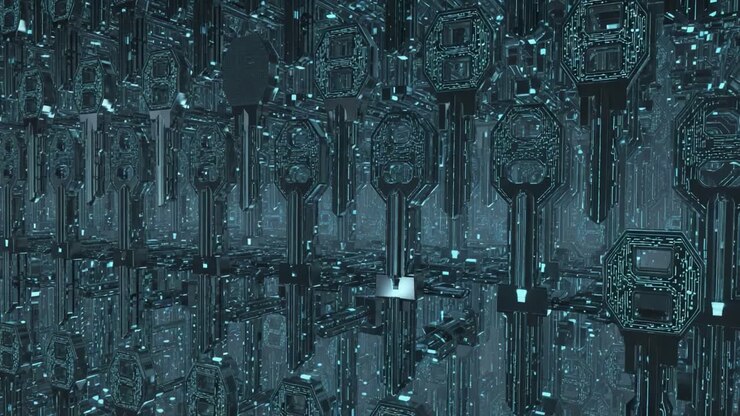Un Ambiente Digitale Futuristico che Mostra una Complessa Rete di Chiavi Incorporate in un Ipotetico Paesaggio Cibernetico Ricco di Tecnologia ed Effetti di Luce al Neon