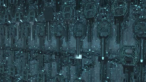 a futuristic digital environment showcasing an intricate network of keys embedded in a hypothetical cyber landscape rich with technology and neon light effects