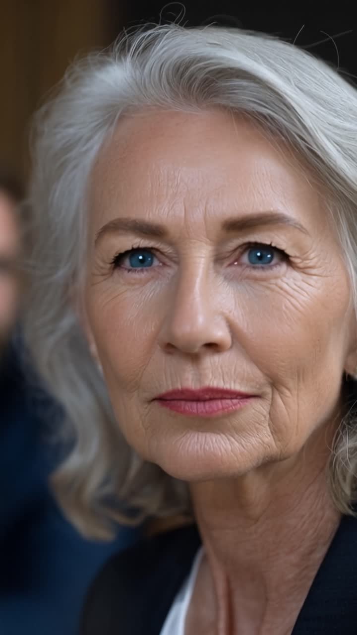 Serious woman with silver hair and blue eyes. Side profile shows her engaged, thoughtful, and calm. She wears a black blazer, white shirt, red lips